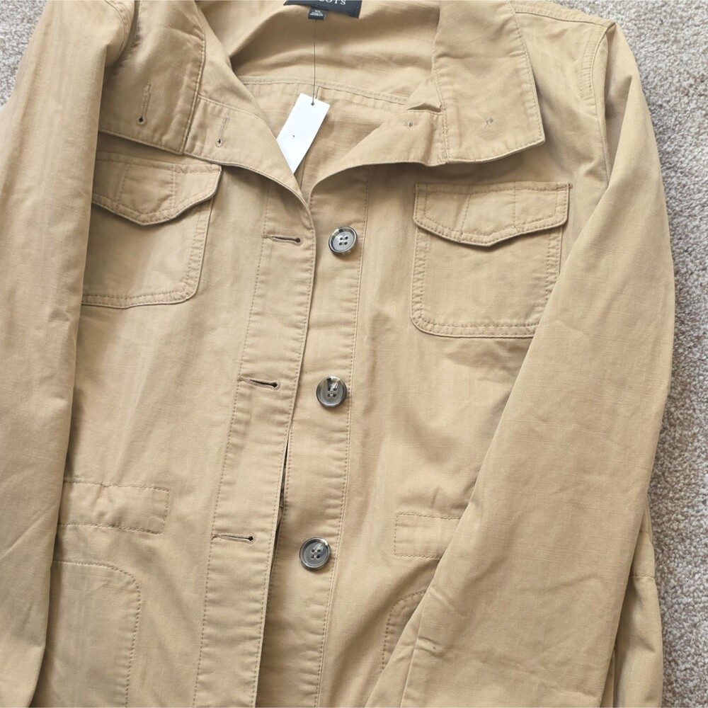 Talbots Women’s Beige Cotton Button Safari Jacket Pockets Mid-Length XL Utility